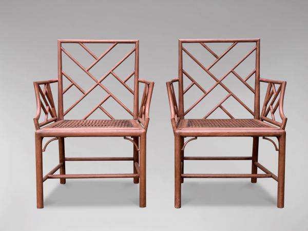 SOLD/PAIR OF PAINTED CHIPPENDALE FAUX BAMBOO ARMCHAIRS