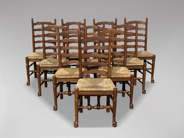 SOLD/LARGE SET OF 10 OAK LANCASHIRE LADDER BACK DINING CHAIRS
