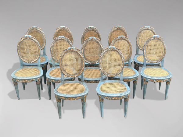 SET OF 12 FRENCH LOUIS XVI PAINTED & CANED DINING CHAIRS, C1880