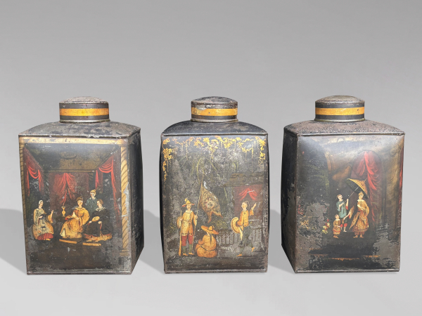 SET OF 3 WILLIAM IV PAINTED TOLEWARE TEA CANISTERS, C1830