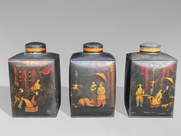 SET OF 3 WILLIAM IV PAINTED TOLEWARE TEA CANISTERS, C1830