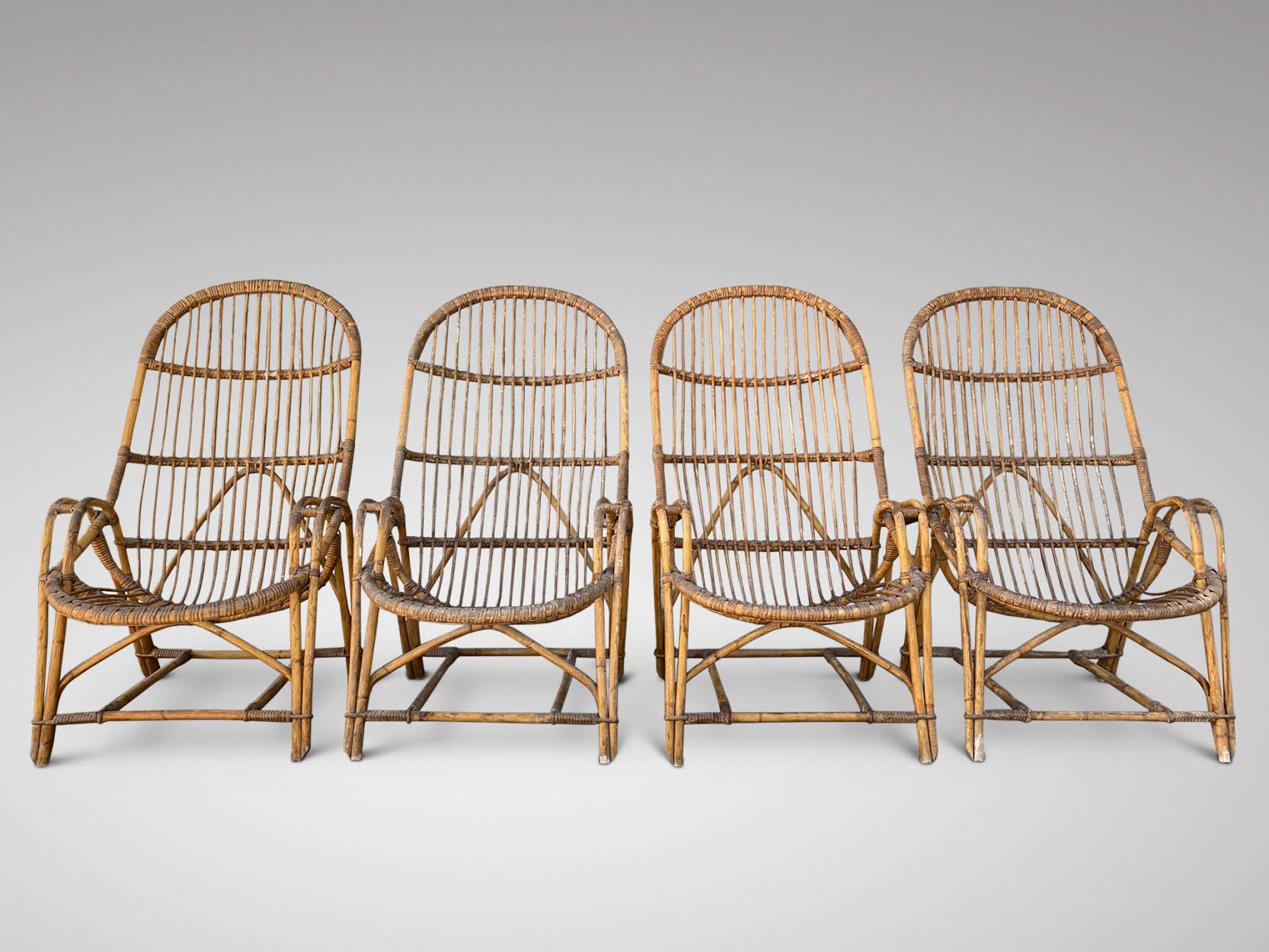 SOLD/SET OF 4 BAMBOO ARMCHAIRS IN THE MANNER OF FRANCO ALBINI