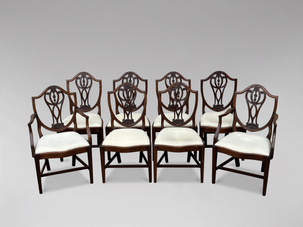 SOLD/SET OF 8 GEORGIAN HEPPLEWHITE SHIELD BACK DINING CHAIRS