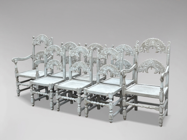 SET OF 8 PAINTED CARVED OAK DERBYSHIRE DINING CHAIRS, C1910