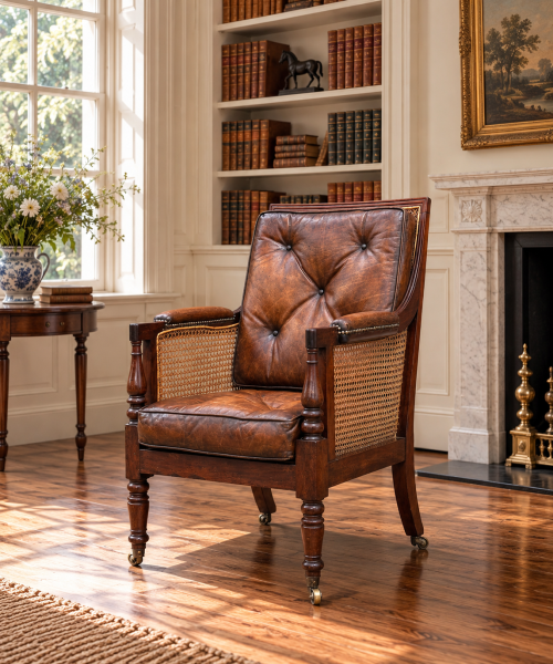 SOLD/19TH CENTURY GEORGE IV MAHOGANY CANED LIBRARY BERGÈRE, C1820