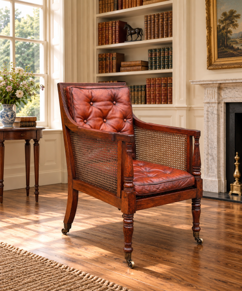 SOLD/19TH CENTURY REGENCY PERIOD MAHOGANY CANED LIBRARY BERGÈRE