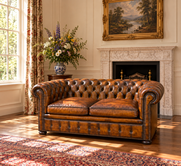SOLD/EARLY 20TH CENTURY BROWN LEATHER 2 SEATER CHESTERFIELD