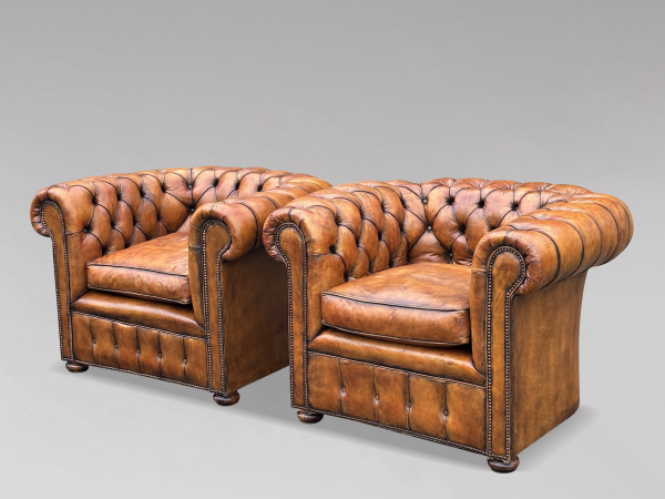 SOLD/PAIR OF 19TH CENTURY LEATHER CHESTERFIELD CLUB ARMCHAIRS