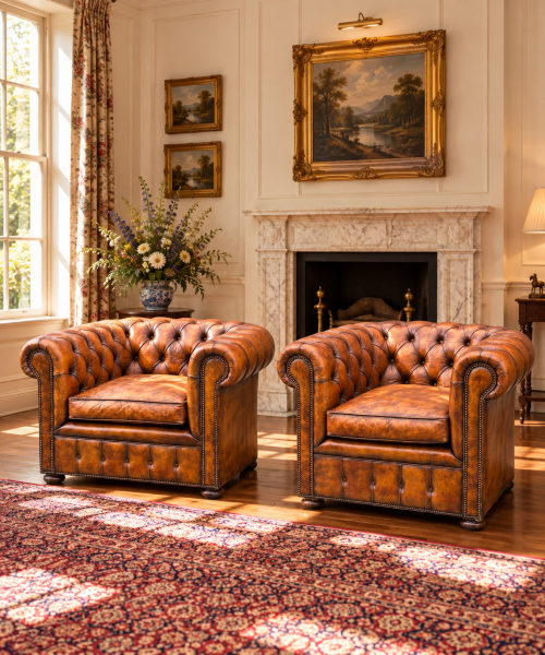 SOLD/PAIR OF 19TH CENTURY LEATHER CHESTERFIELD CLUB ARMCHAIRS