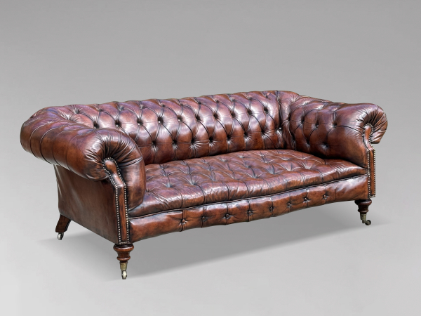 SOLD/STUNNING 19TH CENTURY VICTORIAN PERIOD BROWN LEATHER CHESTERFIELD