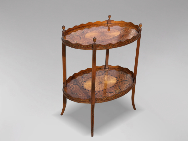 SOLD/FINE EDWARDIAN PERIOD MARQUETRY OVAL TWO TIER ETAGÈRE TRAY TABLE